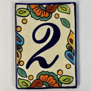 Mexican Talavera Hacienda Tile Address House Number 2 Two Floral 4x5.5”